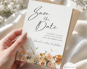 Autumn Floral Save the Date, Personalised Boho Wedding Save the Date Card, Elegant Save the Dates with Free Envelopes