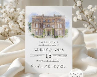 Venue Illustration Save the Date, Watercolour Venue, Painting Save the Dates, Modern Venue Save the Date Cards, Personalised Venue Painting