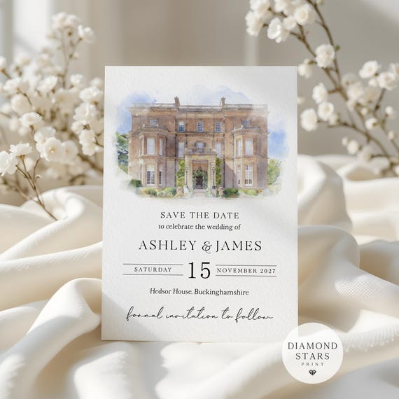 Venue Illustration Save the Date, Watercolour Venue, Painting Save the Dates, Modern Venue Save the Date Cards, Personalised Venue Painting