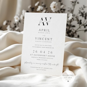 Modern Wedding Invitations, Monogram Postcard Wedding Invites, Minimalist Invitations with Free Envelopes
