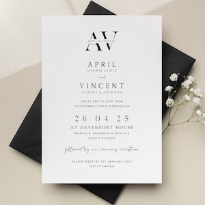 Invitations de mariage ou de soirée modernes, invitations de mariage de carte postale monogramme, invitations minimalistes avec enveloppes noires