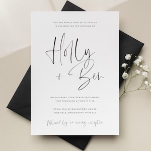 Faire-part de mariage script, invitations modernes simples, faire-part de mariage minimaliste avec enveloppes noires