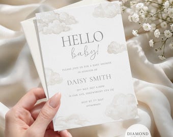 Personalised Baby Shower Invites, Hello Baby, Cloud Themed Gender Neutral Baby Shower Cards 5"x7" Invitations with Free Envelopes
