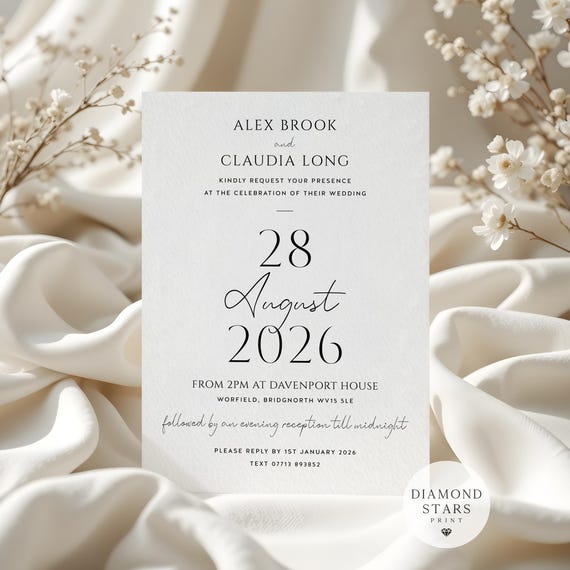 Modern Wedding or Evening Invitations, Classic Wedding Invites, Minimalist Wedding Invitation with Free Envelopes