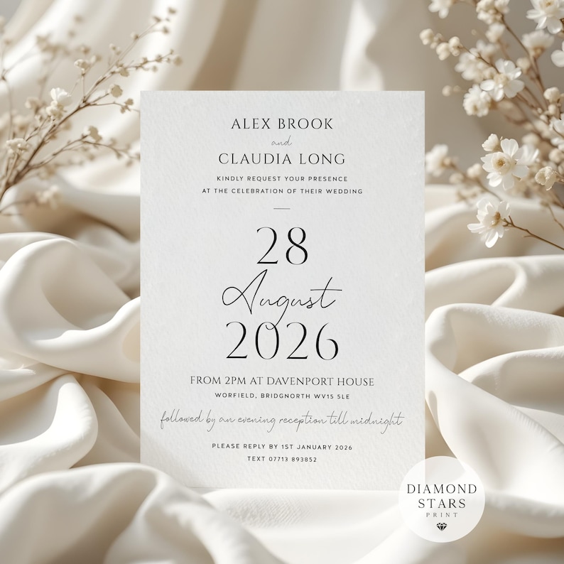 Modern Wedding or Evening Invitations, Classic Wedding Invites, Minimalist Wedding Invitation with Free Envelopes image 1