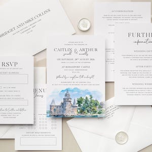 Suite d'invitations de mariage à l'aquarelle, invitation de lieu de mariage personnalisée avec RSVP et carte d'informations, ensemble de papeterie illustrée de lieu de mariage