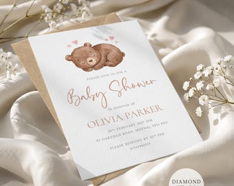 Woodland Themed Baby Shower Invites, Gender Neutral, Cute Bear Baby Shower Cards, Minimalist Baby Shower Invitations with Free Envelopes