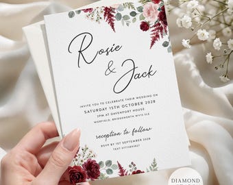 Burgundy Floral Wedding Invitation, Script Wedding Invites, Personalised Elegant Wedding Cards with Free Envelopes