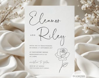 Minimalist Floral Wedding Invites, Elegant Wedding Invitation, Personalised Modern Flower Line Art Wedding Cards with Free Envelopes