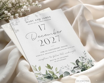 Winter Wedding Invitation, Botanical Wedding Invites, Personalised Elegant Wedding Cards with Free Envelopes