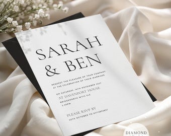 Modern Wedding Invitation, Simple Wedding Invites, Personalised Minimalist Wedding Cards with Free Envelopes