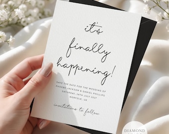 Minimalist Save the Dates, It's Finally Happening!, Modern Wedding Save the Date Cards with Free Envelopes