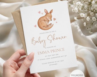Minimalist Baby Shower Invites, Gender Neutral, Kangaroo Baby Shower Cards, 5"x7" Modern Baby Shower Invitations with Free Envelopes