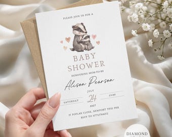 Woodland Themed Baby Shower Invites, Personalised Badger Baby Shower Invite, Minimalist Baby Shower Invitation, Gender Neutral Baby Shower