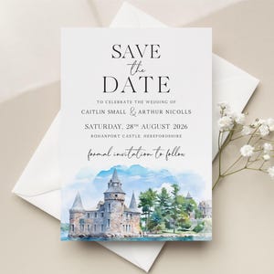 Illustration du lieu « Réservez cette date », carte de mariage « Save the Date » aquarelle, lieu du mariage personnalisé « Save the Dates »