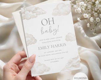 Personalised Baby Shower Invites, Oh Baby, Cloud Themed Gender Neutral Baby Shower Cards 5"x7" Invitations with Free Envelopes