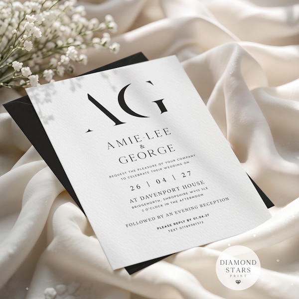 Modern Wedding Invitations, Minimalist Monogram Wedding Invites, Ceremony or Evening Invitation