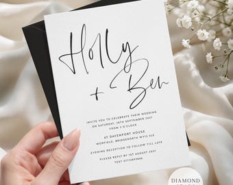 May include: A white wedding invitation card with black text featuring the names Holly + Ben in a large script font. The card includes event details for Saturday, 28th September 2027 at Davenport House, Worfield, Bridgenorth, and a contact number.