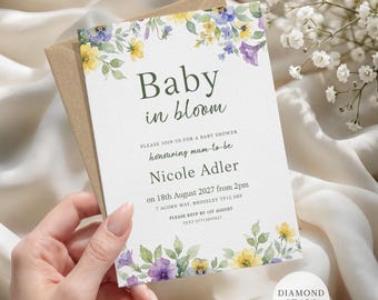 Baby In Bloom Baby Shower Invitation, Personalised Baby Shower Invites, Floral Baby Shower Cards, 5"x7" Invitations with Free Envelopes
