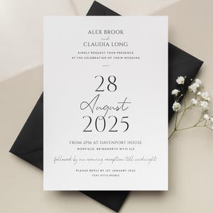 Faire-part de mariage ou de soirée moderne, faire-part de mariage classique, faire-part de mariage minimaliste avec enveloppes noires