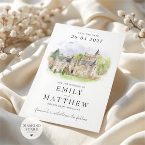 May include: A white rectangular save the date card featuring a watercolour illustration of a stone castle. The text reads: SAVE THE DATE 26 04 2027, FOR THE WEDDING OF EMILY and MATTHEW, ROTHES GLEN, SCOTLAND, formal invitation to follow. A small logo reads DIAMOND STARS PRINT.