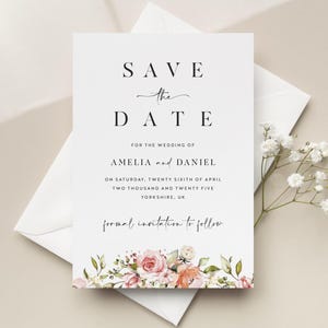 Cartes de mariage florales à retenir, réservez les dates botaniques, faire-parts imprimés de fleurs roses simples, faire-part de mariage minimaliste