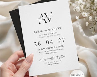 Modern Wedding Invitations, Monogram Postcard Wedding Invites, Minimalist Invitations with Free Envelopes
