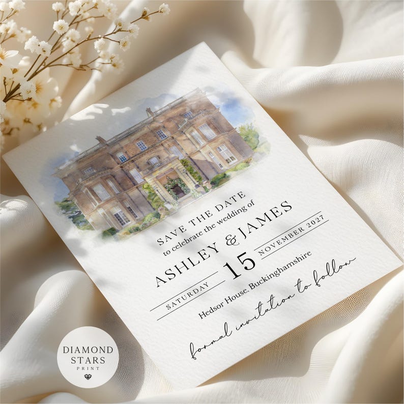 Venue Illustration Save the Date, Watercolour Venue, Painting Save the Dates, Modern Venue Save the Date Cards, Personalised Venue Painting image 3