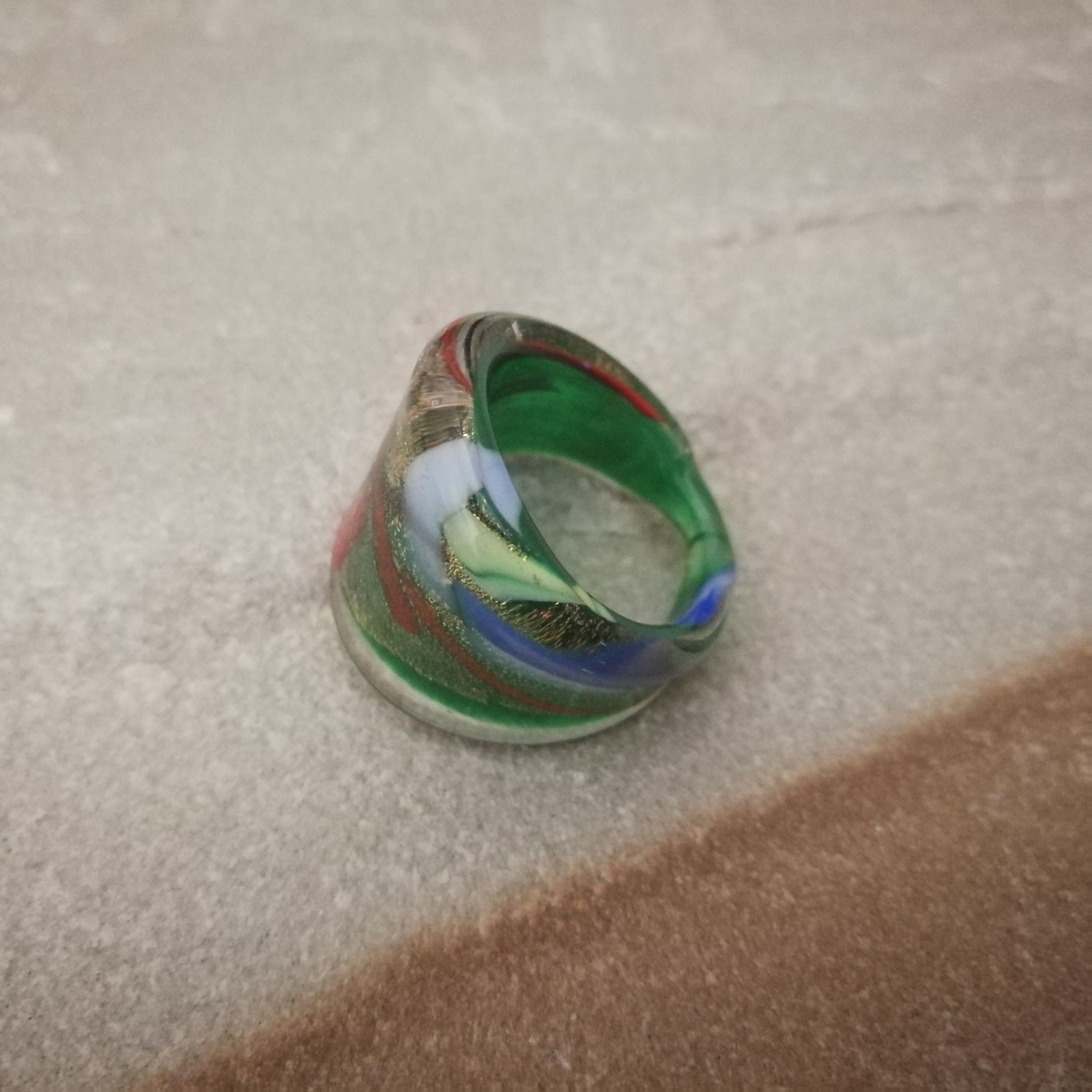 Bague Fantaisie Style Murano - Verre Carré Argenté, Bleu, Vert, Doré - Taille Réglable