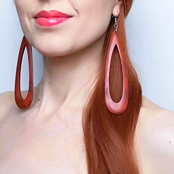 Oversize Dangle Teardrop Wood Earrings, Pendant Wood Earrings, Statement Earrings for Women, Bohemian Teardrop Earrings, Boho Chic Accessory