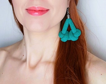 Emerald Green Statement Pendant Knot Earrings, Stunning Cord Earrings, Handcrafted Modern Cord Knot Jewel, Unique Chunky Knot Women's Jewels