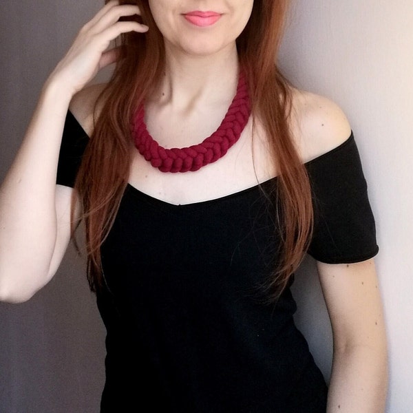 Burgundy Statement Necklace, Red Chunky Collar, Stunning Red Long Handmade Necklace, Fabric Knot Red Jewel, Woven Necklace, Braided Necklace