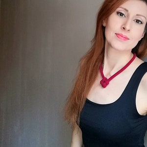 Burgundy Minimalist Choker, Red Original Women&#39;s Necklace, Square Knot Necklace, Cord Lightweight Fashion Jewelry, Geometric Unique Choker