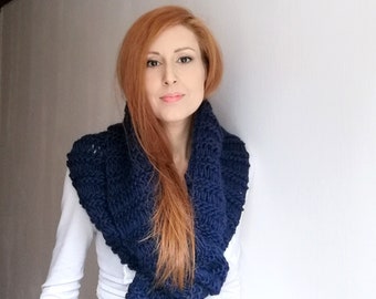 Navy Blue Long Cozy Winter Scarf in Pure Wool, Christmas Chunky Knitted Scarf Shawl, Unisex Handmade Huge Scarf, Extra Long Hand Knit Scarf