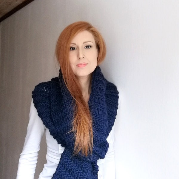 Navy Blue Long Cozy Winter Scarf in Pure Wool, Christmas Chunky Knitted Scarf Shawl, Unisex Handmade Huge Scarf, Extra Long Hand Knit Scarf