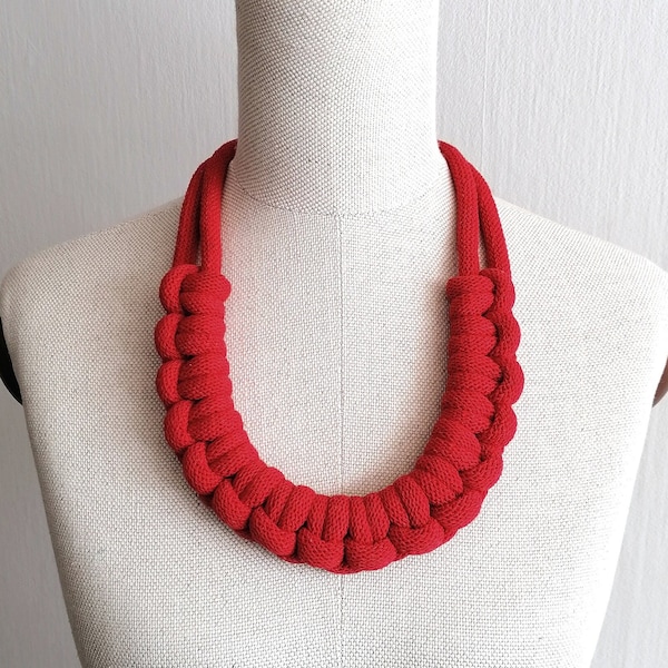 Red Chunky Long Necklace for Women, Boho Red Necklace, Handmade Knot Red Necklace, Red Textile Bib Necklace, Chunky Jewelry, Limited Edition