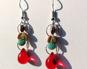 Red Teardrop Czech Glass Earrings, Valentine's Day Red Glass Earrings, Christmas Bright Red Drop Earrings, Handmade Czech Glass Red Jewelry