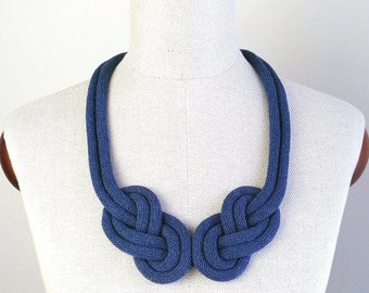 Denim Blue Nautical Necklace, Handmade Chunky Necklace, Cloth Knot Summer Necklace, Blue Woven Knotted Collar, Statement Ecofriendly Jewelry
