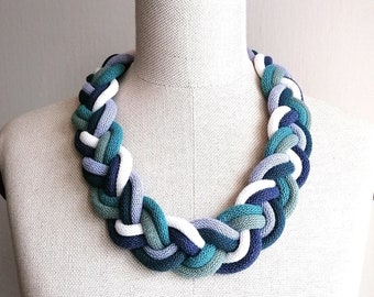 Colorful Braided Woven Necklace,Mother's Day Jewelry Gift,Unique Bib Chunky Statement Necklace,Big Knot Handmade Necklace,Navy Blue Necklace