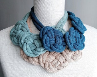 Statement Textile Necklaces,Chunky Handmade Necklace,Chunky Braided Cloth Jewelry,Knotted Necklace,Large Jewelry,Colored Necklace for Women