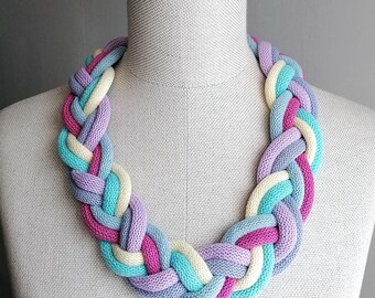 Funky Bib Necklace, Multicolor Chunky Necklace, Handmade Bold Jewelry, Colorful Necklace, Hot Pink Textile Jewelry, Rainbow Summer Necklace