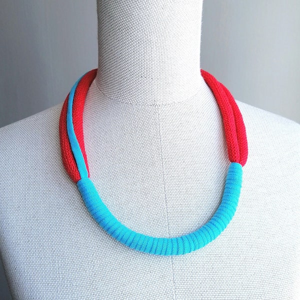 Red & Blue Necklace,Colorful Summer Jewelry,Colorful Red Necklace,Fashion Bold Jewelry,Handmade Cloth Necklace,Statement Necklace Red Blue