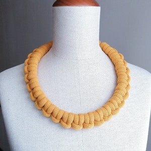 Textile Yellow Knot Statement Necklace, Necklace for Mother, Bold Fabric Necklace, Autumn Original Jewelry, Mustard Handmade Chunky Jewelry