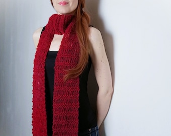 Fashion Chic Handmade Scarf Red Burgundy, Red Skinny Scarf, Hand Knit Hygge Scarf, Christmas Unique Gift Accessories, Long Soft Cozy Scarves