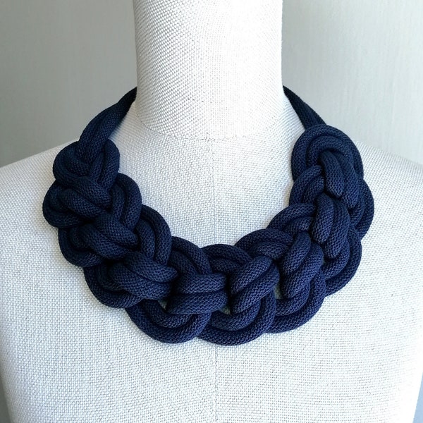 Handmade Navy Blue Cord Knot Necklace, Statement Bold Necklace for Women, Wide Chunky Blue Necklace, Fashion Nautical Gift, Modern Jewelry