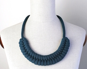 Peacock Blue Chunky Knot Necklace, Ecofriendly Summer Cotton Jewelry, Blue Accessories, Gift for Women, Handmade Modern Knotted Big Necklace