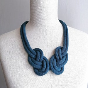 Nautical Sailor Blue Necklace, Handmade Chunky Necklace, Cloth Knot Colored Necklace, Peacock Blue Woven Knot Necklace, Handmade Jewelry
