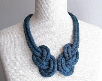 Nautical Sailor Blue Necklace, Handmade Chunky Necklace, Cloth Knot Colored Necklace, Peacock Blue Woven Knot Necklace, Handmade Jewelry