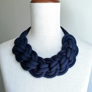 Stunning Navy Blue Necklace, Statement Bold Necklace for Women, Wide Knot Chunky Blue Necklace, Fashion Nautical Gift, Handmade Cord Jewelry