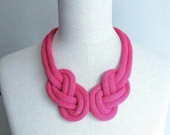 Fuchsia Textile Necklace, Nautical Hot Pink Collar, Chunky Knot Necklace, Nautical Cord Collar, Woven Knot Jewelry, Fuchsia Bold Accessories